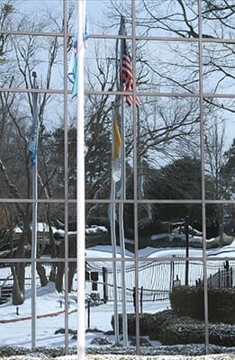 The snow is reflected in the Atlanta Archdiocese Chancery window, Jan. 29. Photo By Michael Alexander
