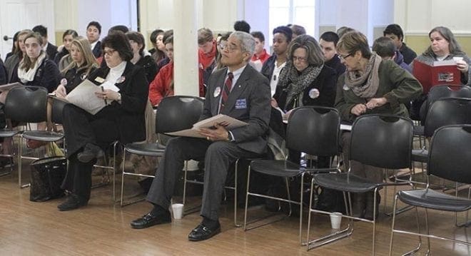 Adults and Catholic school students are on hand during the legislative briefing in the parish hall at the Shrine of the Immaculate Conception, Atlanta, which preceded Catholic Day at the Capitol. Photo By Michael Alexander